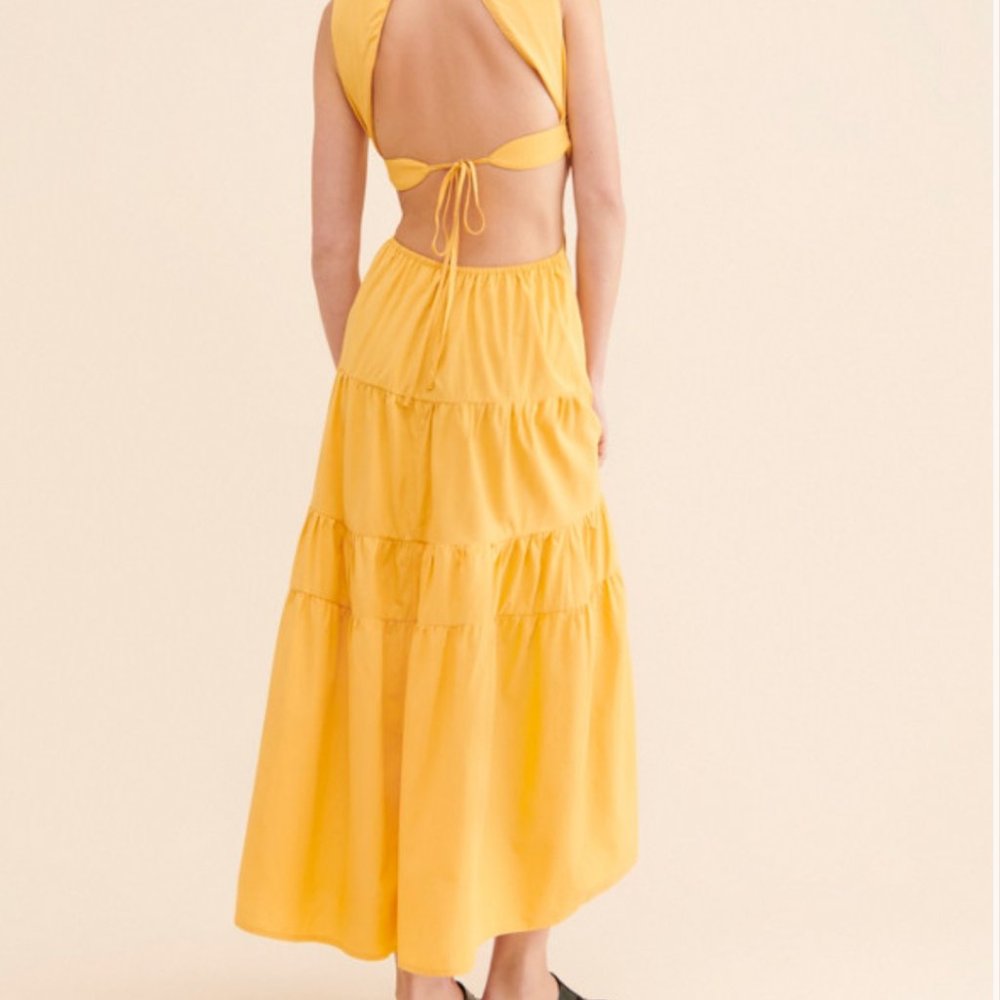 Moon River Tiered Cutout Maxi Dress - Yellow XS
